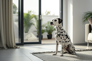 Fototapeta premium Dalmatian sitting on rug in modern living room with large glass doors and potted plants
