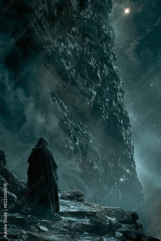 Poster artistic rendering of the hermit (card 9) with a lone star in the vastness of space, symbolizing int