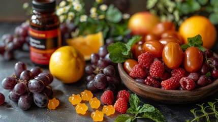 a bowl filled with fresh fruits and vegetables paired with a bottle of vitamin d gummies promoting health and wellness