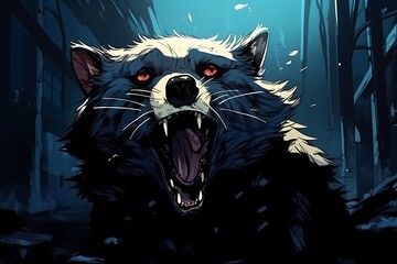 illustration of a scary raccoon inside a dark alley