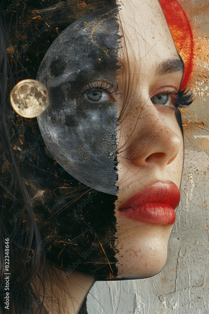 Poster abstract illustration of the high priestess (card 2) represented by a split image of light and dark 
