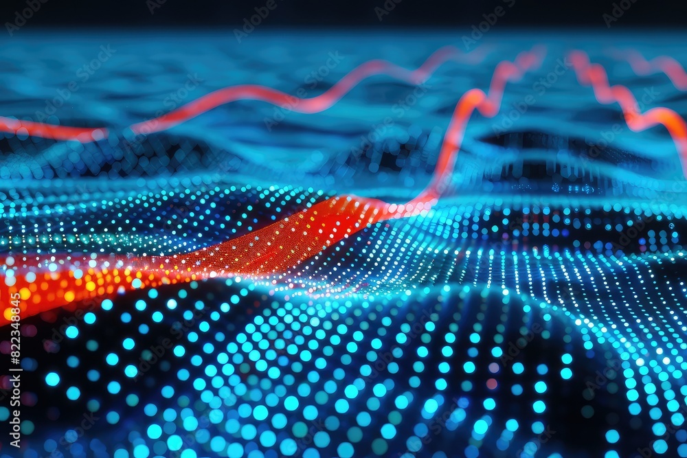 Aufkleber abstract glowing blue and red particles form a wave pattern.