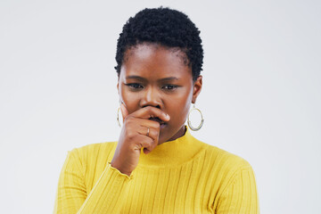 Thinking, confused and black woman with doubt in studio for brainstorming, problem solving or...