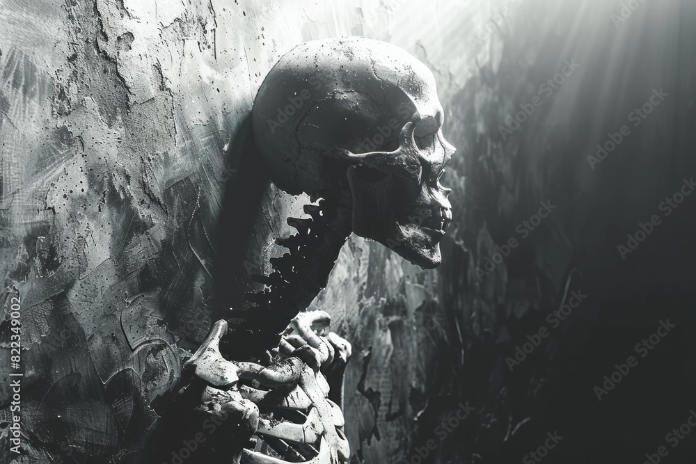 Poster artistic rendering of death (card 13) with a skeletal figure half in shadow, half in light, symboliz