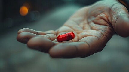 Close up of hand holding red pill.