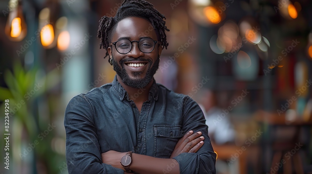 Wall mural young manager leadership and smile of a black man standing with arms crossed in a startup business for motivation innovation and success.illustration