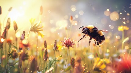 Bee pollinating flowers in a summer meadow