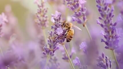 Bee pollinating lavender flowers close up