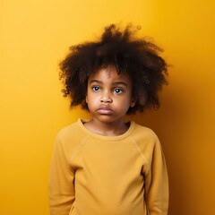 Yellow background sad black American African child Portrait of young beautiful kid Isolated Background racism skin color depression anxiety fear burn out health