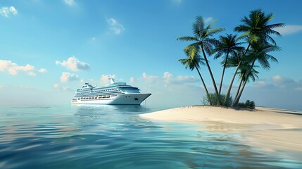 Obraz premium Cruise ship passing tropical islands.