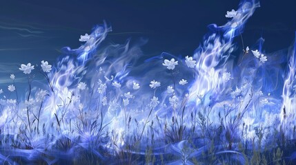 Ethereal blue flowers in a surreal glowing field