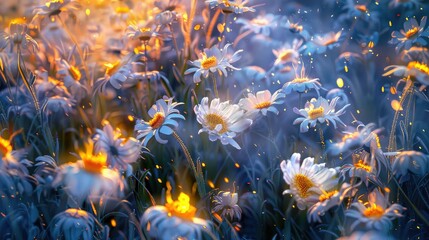 Glowing white and yellow flowers in a field with a blue background.