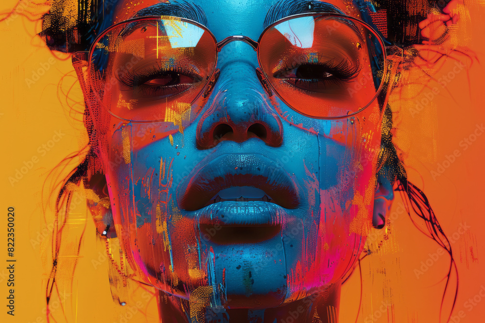 Poster illustration of a portrait showing layers of excitement, with dynamic lines, exclamatory text snippe