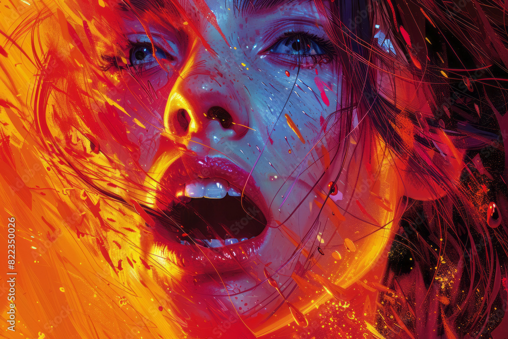 Poster illustration of a portrait showing layers of excitement, with dynamic lines, exclamatory text snippe