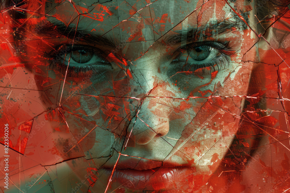 Poster collage portrait with multiple layers representing anger, featuring sharp shapes, intense red hues, 