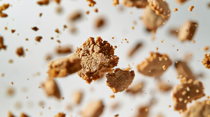 Crumbled cookie bits airborne against a clear white backdrop
