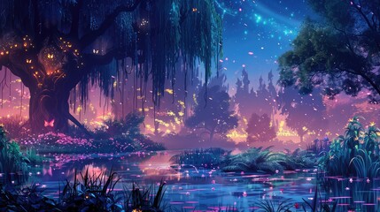 Mystical landscape with glowing mushrooms and a river flowing through the middle.
