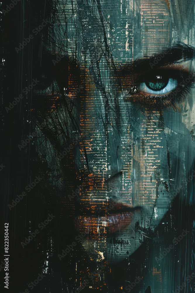 Poster illustration of a face with layers representing fear, using dark colors, abstract shadow patterns, a
