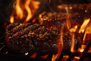 food photography of delicious steaks on the grill with flames, closeup of steaks sizzling on the grill, with flames flickering in the background. 