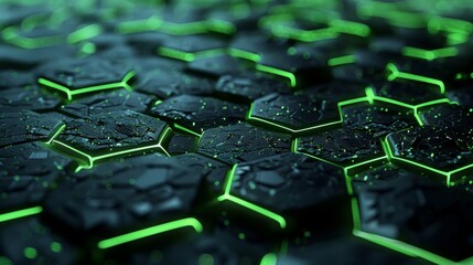 Electric green neon lines weaving through hexagonal lattice. Generative AI.