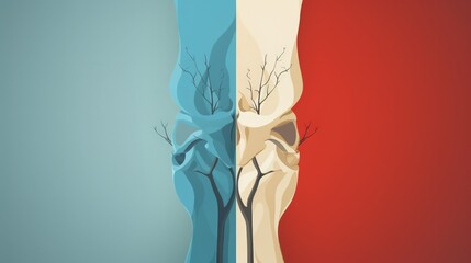 Naklejka premium Surreal landscape illustration depicting two contrasting sides - one cold and blue, the other warm and red, with barren trees in the foreground.