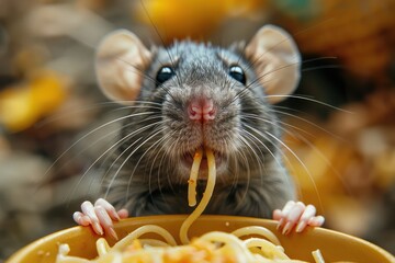 Rat eating spaghetti, close up
