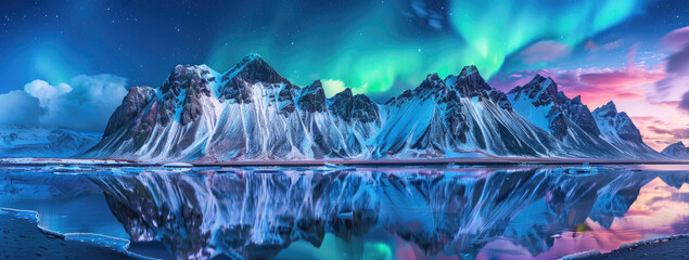 The majestic Stokksnes mountain range in Iceland, reflecting the vibrant colors of the northern lights, creates an enchanting and otherworldly landscape.