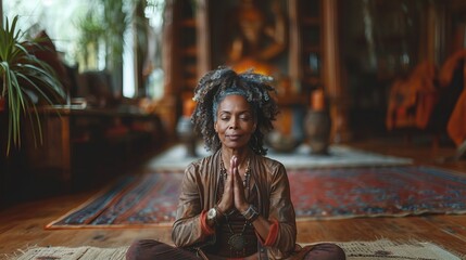Portrait of multicultural senior yogi woman sitting in lotus positing at her home and praying while meditating.