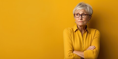 Yellow background sad European white Woman grandmother realistic person portrait of young beautiful bad mood expression Woman Isolated Background 