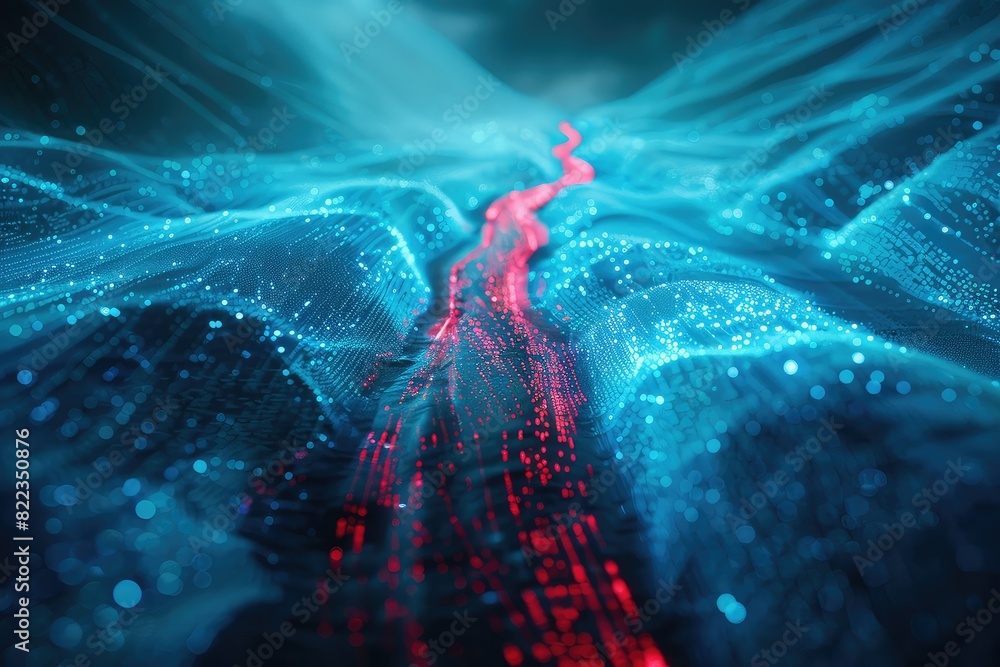 Poster acomputer-generated abstract background with a glowing blue and red light.