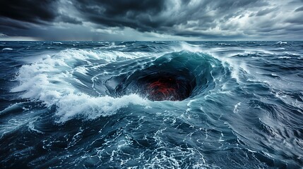 A dark hole in the middle of an ocean with large waves and stormy weather, a surrealistic photograph
