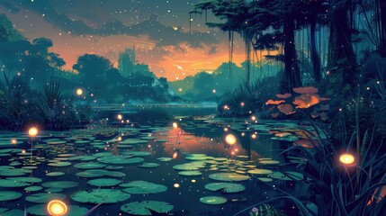 A digital painting of a swamp at night