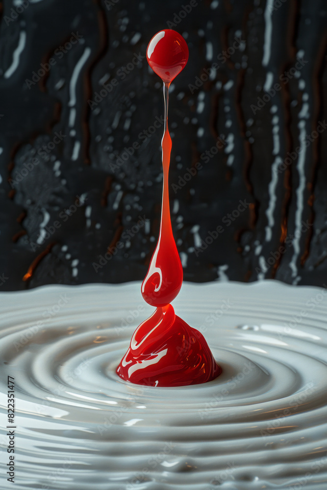 Poster artistic rendering of a drop of blood merging with a pool of milk, forming intricate shapes and text