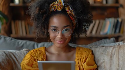 happy black mixed race african black young woman in glasses with perfect smile sitting on sofa holding using tablet device reading e book.image illustration - Powered by Adobe