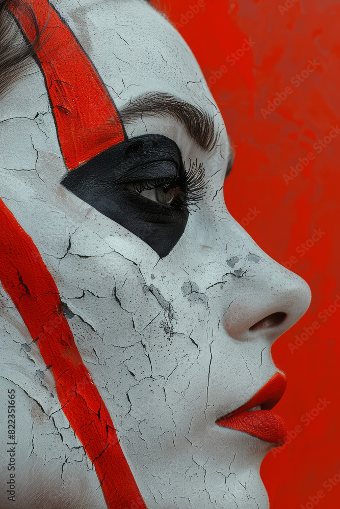 Poster artistic rendering of a face divided by a line of red and white, with the colors merging in the cent