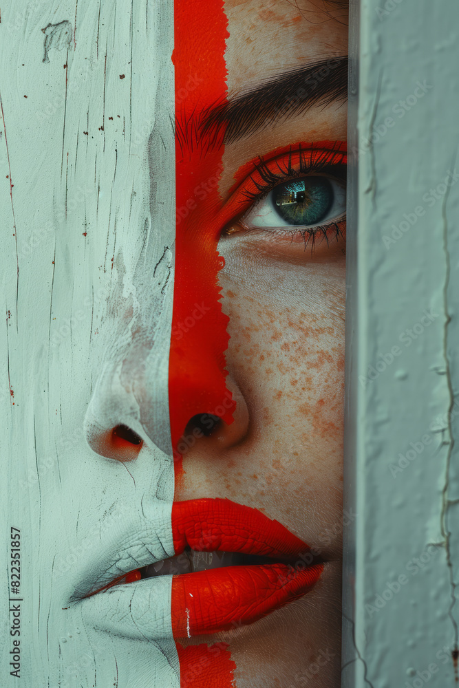 Poster artistic rendering of a face divided by a line of red and white, with the colors merging in the cent