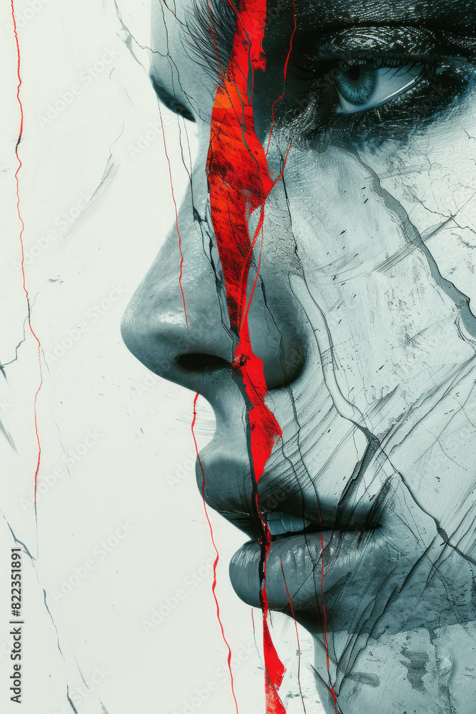 Poster artistic rendering of a face divided by a line of red and white, with the colors merging in the cent