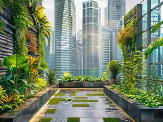 Urban rooftop garden with lush greenery and city skyline in the background