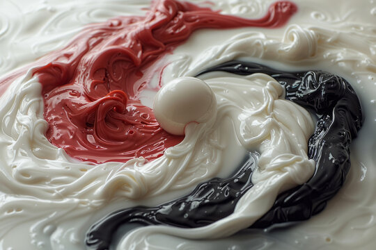Depiction of blood and milk forming a yin-yang symbol, representing balance and duality,