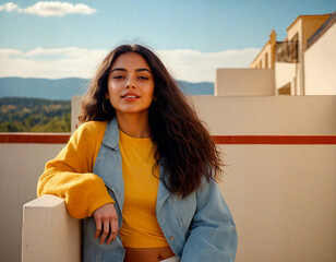 Young Latina Woman Striking a Pose on a Scenic Outdoor Terrace