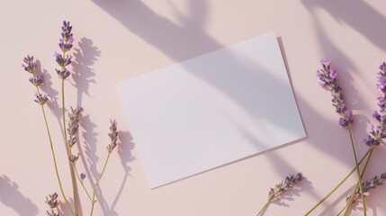 Elegant Blank Paper Card with Lavender Flowers and Shadows on a Pink Background