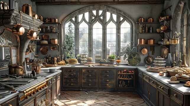 A bakery kitchen with pies, cakes and ice cream, a mansions kitchen with copper pots and pans and views of an old village. Generative AI.
