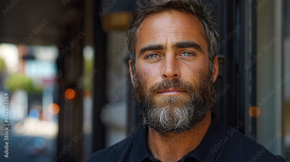 Wall mural serious looking bearded man wearing black polo shirt.image illustration