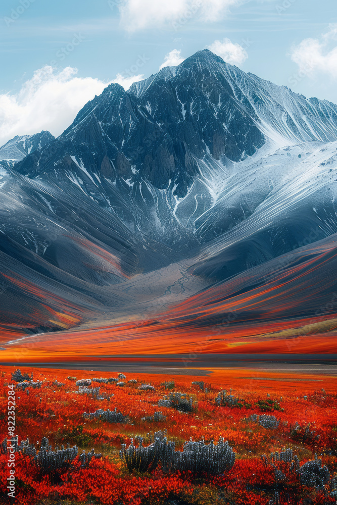Poster abstract image of a landscape with red mountains and white valleys, creating a stark and surreal sce