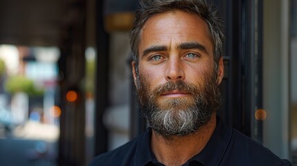 Obraz premium serious looking bearded man wearing black polo shirt.image illustration