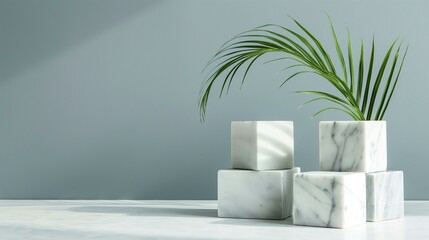 Marble Cubes with Palm Leaf on Gray Background - Minimalist Decor