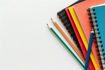 Multicolored book and pencil on white background with copy space. School supplies equipment.