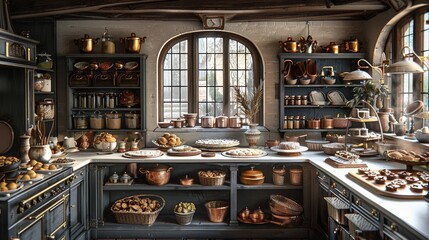 A bakery kitchen with pies, cakes and ice cream, a mansions kitchen with copper pots and pans and...