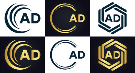 AD logo. A D design. White AD letter. AD, A D letter logo design. A D letter logo design in FIVE, FOUR, THREE, style. letter logo set in one artboard. A D letter logo vector design.	
