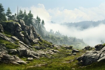 Serene mountainous landscape enveloped in mist with lush greenery and rocky cliffs
